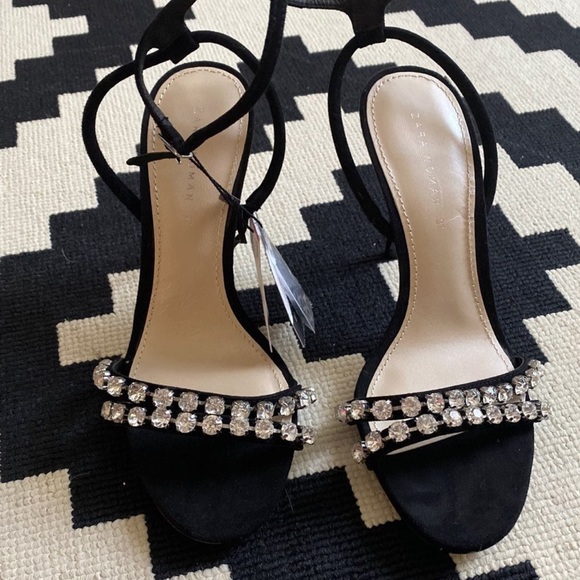 Zara Black Crystal rhinestone Ankle Strap Heels Sandals - Picture 6 of 10